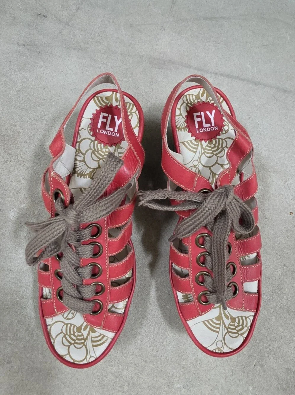 Fly London Mousse Lace Up Leather Sandals Red Size 39/9